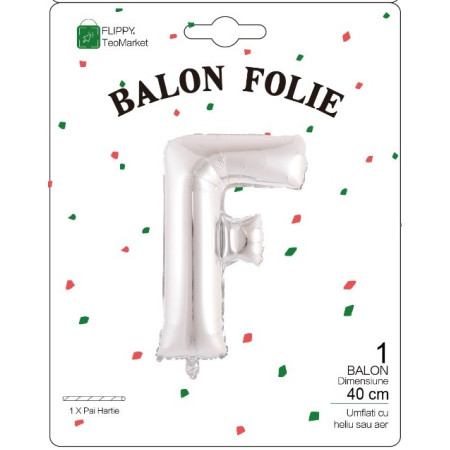 Balon Folie Metalizata Litera F, Cyrax, 40 cm, Umflati cu Heliu sau Aer, Ambalaj Individual, Pai inclus, Argintiu