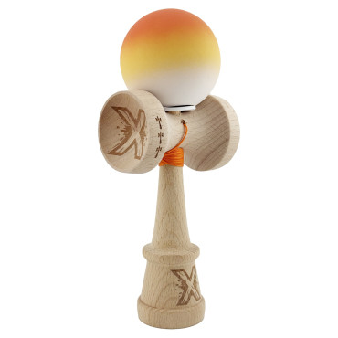 Kendama X Originala, Profesionala, Cyrax, Cupe Mari KING SIZE V3, Rubber Grip, Gaura in Baza, Rulment Metalic, din lemn 18 cm, Ata 62/65 cm, Gradient Portocaliu/Galben/Alb