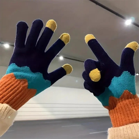 Manusi de Dama,  Model Ondulat, Functie Touchscreen (ecran tactil), Material Acril Tricotat, Manseta Elastica, Interior Catifelat, Marime Universala, Portocaliu/Albastru