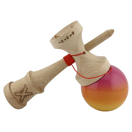 Kendama X Originala, Profesionala, Cyrax, Big Cups V2, Super Sticky Cupe Mari, Rulment Metalic cu Ata 55 cm, Roz/Portocaliu/Galben