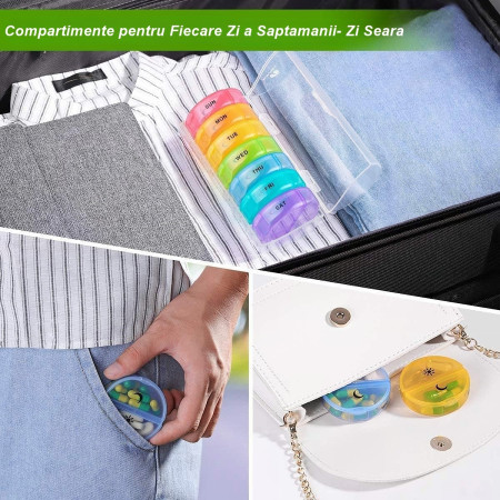Cutie Depozitare Medicamente,  7 Zile, 14 Compartimente, Cutie Suport, Recipiente Detasabile, Portabila, Multicolor, 17.5x11x9.5 cm