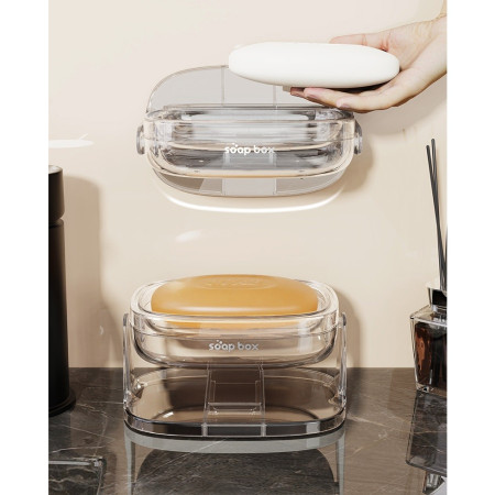 Savoniera cu Suport 2 in 1,  Pentru Perete sau Blat, PET, Scurgere Optima, Argintiu Transparent