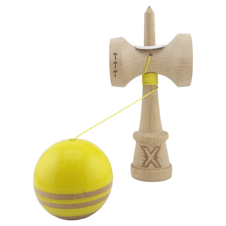 Kendama X Originala RAINBOW, Profesionala, Cyrax, Cupe Mari KING SIZE V3, Super Sticky, Gaura in Baza, Rulment Metalic, din lemn 18 cm, Ata 55 cm, Galben/Maro