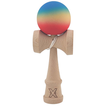 Kendama X Originala, Profesionala, Cyrax, din Lemn, Rubber Grip, 18 cm, Rosu/Galben/Albastru