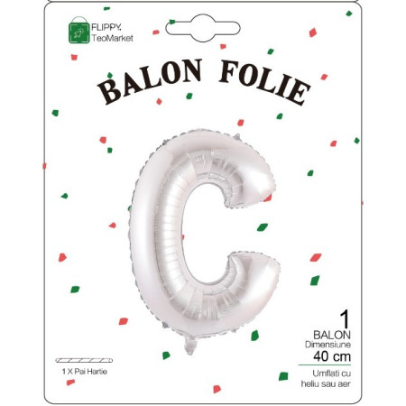 Balon Folie Metalizata Litera C, Cyrax, 40 cm, Umflati cu Heliu sau Aer, Ambalaj Individual, Pai inclus, Argintiu