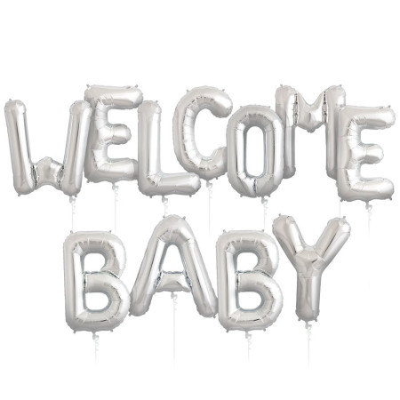 Set Baloane din Folie Metalizata, Cyrax, Figurine Litere, Model Welcome Baby, Tema Aniversare, 40 cm, Ambalaj Individual, Pai inclus, Umflare cu Aer sau Heliu, Argintiu