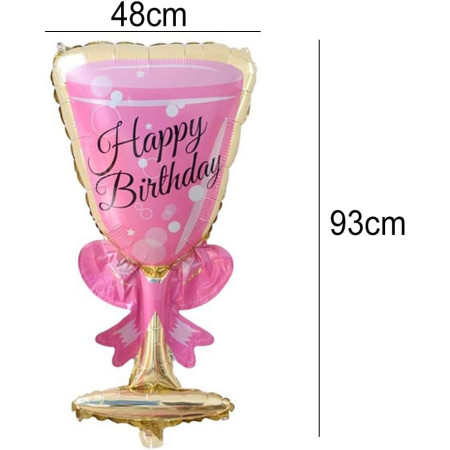 Balon din Folie Metalizata, Cyrax, Figurina Pahar de Vin, Tema Aniversare, 93x48 cm, Ambalaj Individual, Pai Inclus, Umflare cu Aer sau Heliu, Roz