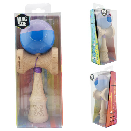 Kendama X Originala, Profesionala, Cyrax, Big Cups V2, Super Sticky cu Cupe Mari, Rulment Metalic, din lemn 18 cm, Ata 55 cm, Mov/Albastru