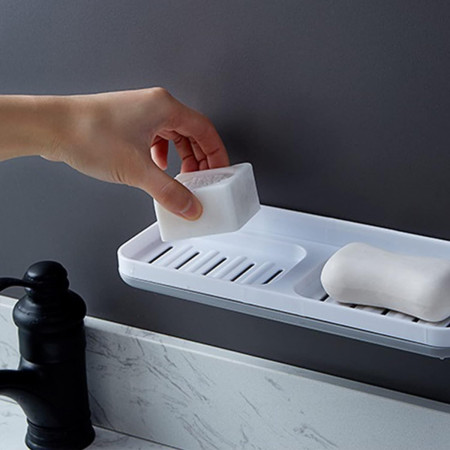 Savoniera Dubla,  de Perete, cu Compartiment de Scurgere, Montare prin Lipire, 26 x 8 x 4 cm, Alb/Gri