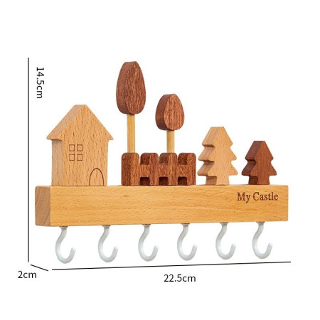 Suport pentru Chei,  din Lemn, Aplicare fara Perforare, Adeziv Inclus, 6 Carlige Albe, Model Casuta, Greutate Suportata 5 kg, 14.5 x 2 x 22.5 cm, Maro