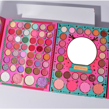 Set de Machiaj Kevin&Coco, 72 de Culori, Paleta de Farduri, Iluminatoare, Blush, Model Christmas Babe, Oglinda Rotunda, 25.5x20x1.7 cm, Multicolor