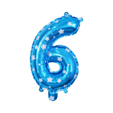 Balon din Folie Metalizata Cyrax, Figurina Cifra, Imprimeu Stele, Tema Aniversare 80 cm, Ambalaj Individual, Pai inclus, Umflare cu Aer sau Heliu, Albastru, Cifra 6