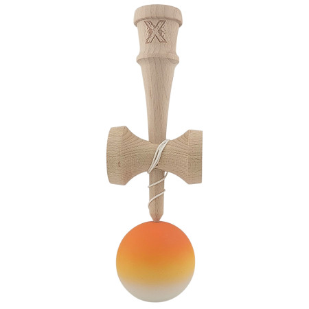 Kendama X Originala, Profesionala, Cyrax, din Lemn, Rubber Grip, 18 cm, Portocaliu/Galben/Alb