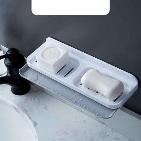 Savoniera Dubla,  de Perete, cu Compartiment de Scurgere, Montare prin Lipire, 26 x 8 x 4 cm, Alb/Gri