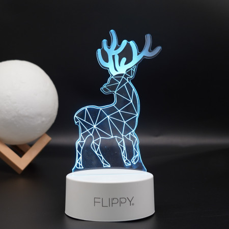 Lampa LED decorativa,  3D, Cerb, cu telecomanda, doua moduri de alimentare USB si baterii, 20 cm inaltime, din material acril si lumina multicolora, alb
