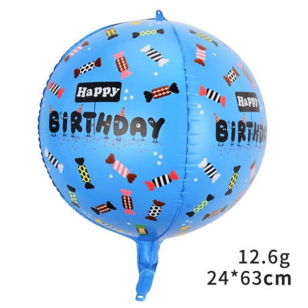 Balon din Folie Metalizata, Cyrax, Figurine 4D, Model Happy Birthday, Tematica Aniversara Bombonele, 63x24 cm, Ambalaj Individual, Pai Inclus, Umflare cu Aer sau Heliu, Albastru