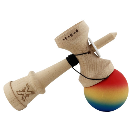 Kendama X Originala, Profesionala, Cyrax, Cupe Mari KING SIZE V3, Rubber Grip, Gaura in Baza, Rulment Metalic, din lemn 18 cm, Ata 62/65 cm, Gradient Rosu/Galben/Albastru