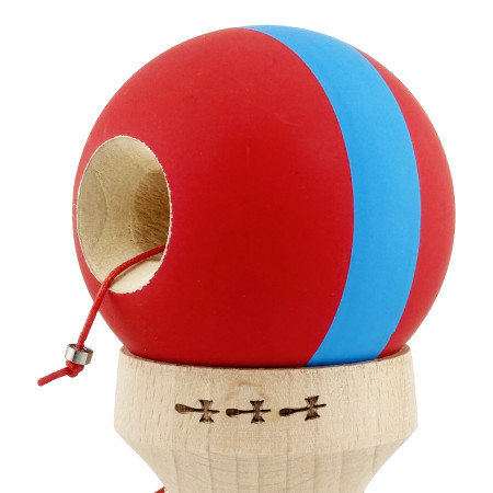 Kendama X Originala, Profesionala, Cyrax, Cupe Mari KING SIZE V3, Rubber Grip, Gaura in Baza, Rulment Metalic, din lemn 18 cm, Ata 62/65 cm, M Bicolor Rosu/Albastru