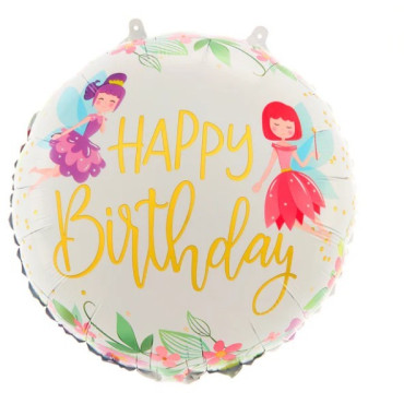 Balon din Folie Metalizata, Cyrax, Figurina Cerc, Model Happy Birthday cu Zane, Tematica Aniversare, 45 cm, Ambalaj Individual, Pai Inclus, Umflare cu Aer sau Heliu, Multicolor