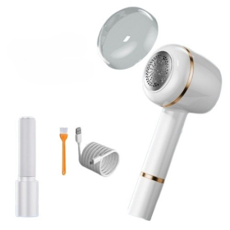 Aparat Pentru Curatat Scame, Par Si Praf,  Pentru Diferite Tipuri De Material, Cu Lame Din Otel Inoxidabil, Incarcare Prin USB Type-C, Cu Perie De Curatare, Cablu USB Si Stick Cu Lipici Incluse, Alb, 220 x 86 mm
