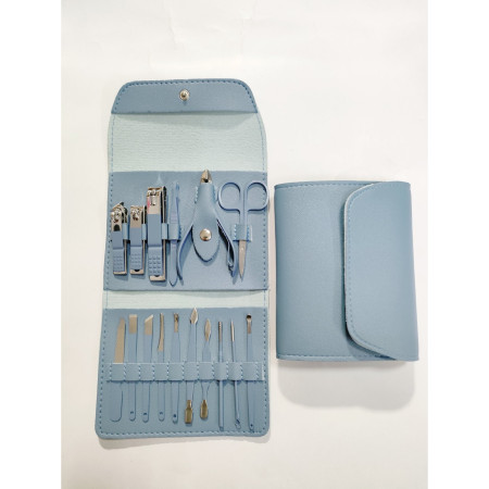 Set 16 Piese de Ingrijire Cosmetica, Cyrax, pentru Manichiura, Pedichiura, Fata, Geanta Organizatoare din Piele Ecologica Inclusa, Albastru