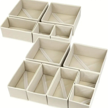 Organizator pentru Sertar,  3 Marimi, pentru Lenjerie, Tricouri, Sosete, 6 Piese, Pliabil, Stivuibil, din Tesatura, Alb