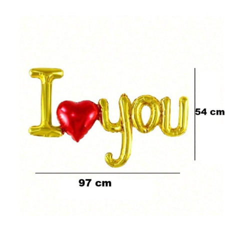 Set Baloane Folie Metalizata, Cyrax, Model I LOVE YOU cu Inimioara, 54x97 cm, Tematica Ziua Îndrăgostiților, Ambalaj Individual, Pai Inclus, Umflare cu Aer sau Heliu, Auriu