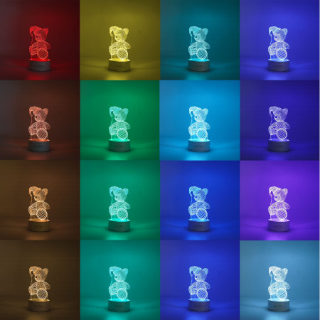 Lampa LED decorativa,  3D, Urs cu palarie, cu telecomanda, doua moduri de alimentare USB si baterii, 20 cm inaltime, din material acril si lumina multicolora, alb