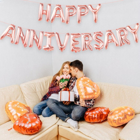 Set Baloane din Folie Metalizata, Cyrax, Model Happy Anniversary, Litere de 40 cm, Baloane Party, Ambalaj Individual, Pai Inclus, Umflare cu Aer sau Heliu, Roz