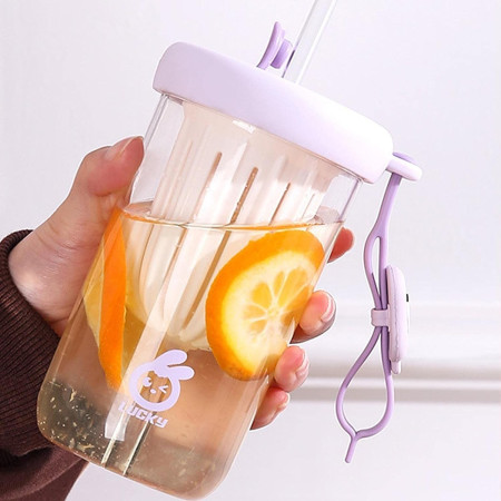 Pahar din silicon, cu capac si pai, pentru copii, Cyrax, anti-cadere, compartiment pentru fructe/ceai/gheata, rezistent la temperaturi inalte, 500ml, Mov, 14.5x8.8x20 cm