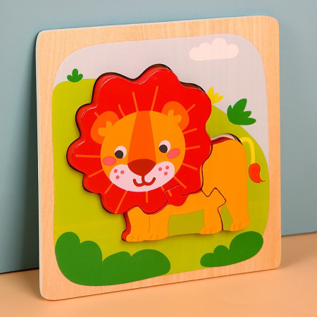 Puzzle Montessori din Lemn pentru Copii, Cyrax, 3D, 0-3 Ani, Model Leu, Educativ, Intuitiv, Creativ, 3 Piese, 15x15x0.5 cm, Multicolor