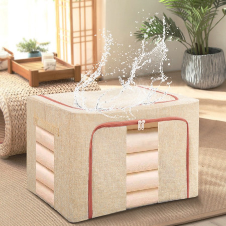 Cutie de Depozitare Pliabila,  24 L, din Bumbac si In, 40x30x20 cm, 2 Ferestre, Frontala si Laterala, 2 Usi de Acces cu Fermoar Bidirectional, Cadru Metalic, Suport Baza Stabil din Plastic, Bej