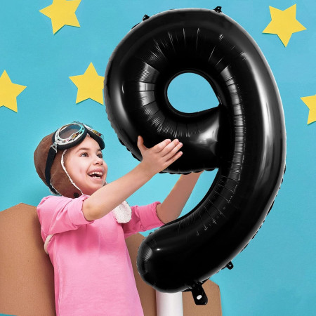 Balon din Folie Metalizata Cyrax, Figurina Cifra, Tema Aniversare 40 cm, Ambalaj Individual, Pai inclus, Umflare cu Aer sau Heliu, Negru, Cifra 9