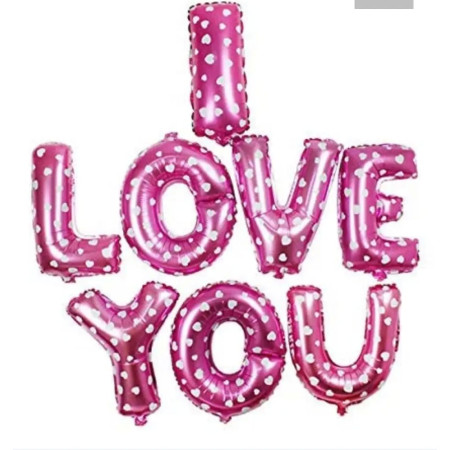 Cyrax Set 8 Baloane din Folie Metalizata, Figurine Litere, Model I Love You, Tema Ziua Indragostitilor, 40 cm, Ambalaj Individual, Pai Inclus, Umflare cu Aer sau Heliu, Roz cu Inimioare Albe