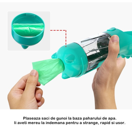 Sticla portabila 4 in 1  pentru caini si pisici, cu 3 compartimente + lopetica, 300ml, apa, hrana, pungi igienice, lopetica, 26.7 x 9.7 x 9.4 cm, turcoaz