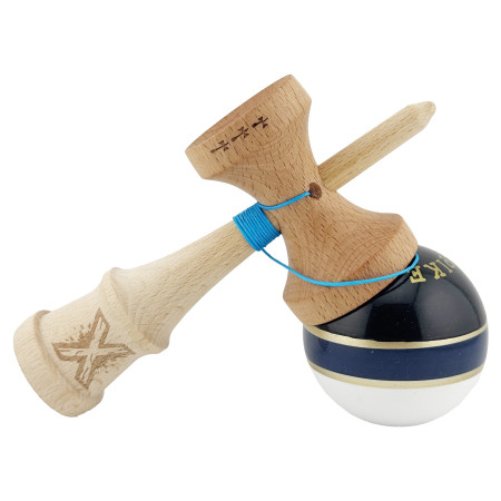 Kendama X ROYAL SPIKE Originala, Profesionala, Cyrax, Big Cups V2, Super Sticky cu Cupe Mari, Rulment Metalic, din lemn 18 cm, Ata 55 cm, Negru/Dark Blue Gold/Alb