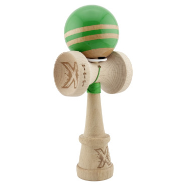 Kendama X Originala RAINBOW, Profesionala, Cyrax, Cupe Mari KING SIZE V3, Super Sticky, Gaura in Baza, Rulment Metalic, din lemn 18 cm, Ata 55 cm, Verde/Maro