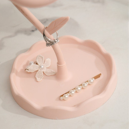 Oglindă de Machiaj pentru Birou, Cyrax, Rotativă, Detasabilă, Model de Floarea Soarelui, Suport pentru Inele, cu Depozitare, Roz