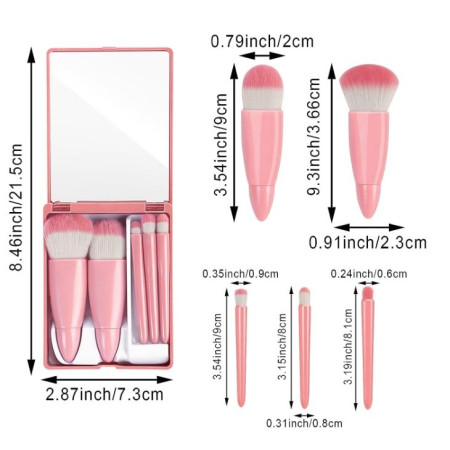 Set 5 Mini Pensule de Machiaj, Cyrax, Portabile, in Carcasa cu Oglinda, din Par Sintetic Moale, Roz, 12x7x2.5 cm