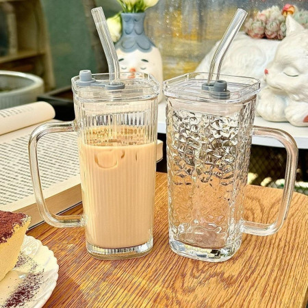 Pahar pentru Racoritoare, Cyrax, din Sticla, 330 ml, cu Pai si Maner, Model Clear Dungi Verticale, Transparent