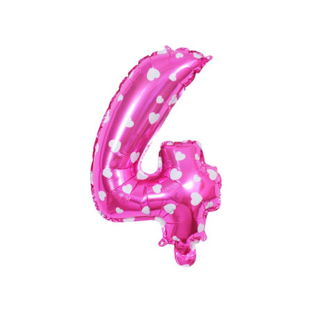Balon din Folie Metalizata Cyrax, Figurina Cifra, Imprimeu Inimi, Tema Aniversare 80 cm, Ambalaj Individual, Pai inclus, Umflare cu Aer sau Heliu, Roz, Cifra 4