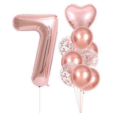 Set 10 Baloane Folie si Latex, Cyrax, Tematica Aniversare, Baloane Latex 25cm, Figurina Inimioara 45 cm, Cifra 7 de 81 cm, Ambalaj Individual, Pai Inclus, Umflare cu Aer sau Heliu, Roz Pal
