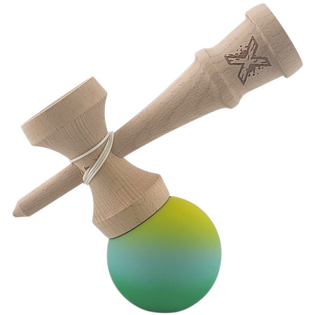 Kendama X Originala, Profesionala, Cyrax, Rubber Grip, din Lemn, 18 cm, Galben/Albastru/Verde