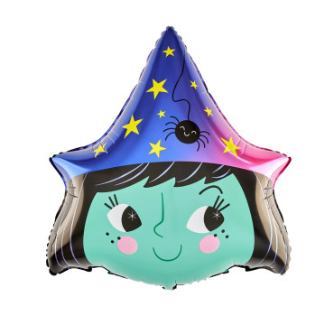 Baloane Halloween, Cyrax, set din 5 Baloane, 1 Little Witch Halloween, 2 stele negre, 2 baloane rotunde multicolore, din folie de aluminiu, 30- 40 cm, pai de carton inclus, Multicolor