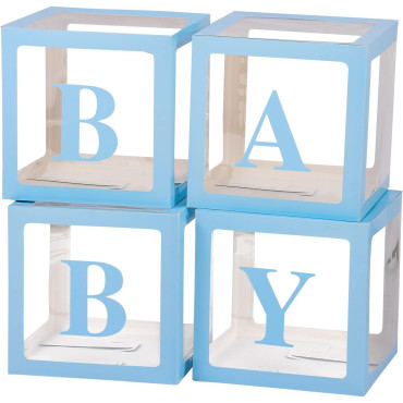 Set 4 Cutii pentru Baloane, Cyrax, Model Scris Baby, Tematica Iubire, Cuburi Decorative din Plastic, Accesorii pentru Petrecere, 30 x30 cm, Transparente Contur Albastru