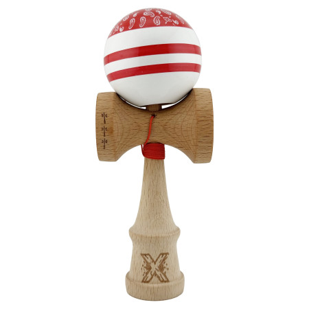 Kendama X CHICANOS Originala, Profesionala, Cyrax, Big Cups V2, Super Sticky cu Cupe Mari, Rulment Metalic, din lemn 18 cm, Ata 55 cm, Rosu/Alb