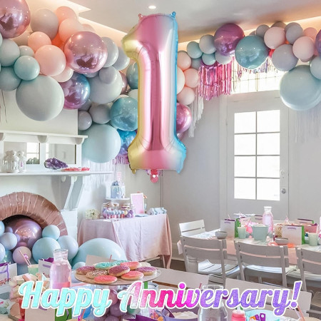 Balon din Folie Metalizata Cyrax, Figurina Cifra Gradient, Tema Aniversare 40 cm, Ambalaj Individual, Pai inclus, Umflare cu Aer sau Heliu, Multicolor, Cifra 1
