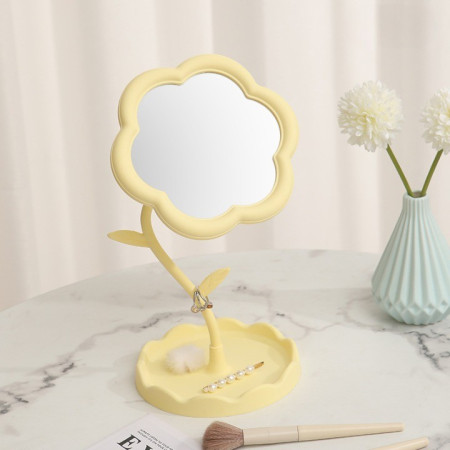 Oglindă de Machiaj pentru Birou, Cyrax, Rotativă, Detasabilă, Model de Floarea Soarelui, Suport pentru Inele, cu Depozitare, Galbena