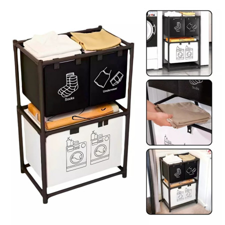 Cos de Rufe,  cu 2 Etaje,  3 Cosuri, Cadru de Otel Inoxidabil, 97x28x57 cm, Negru