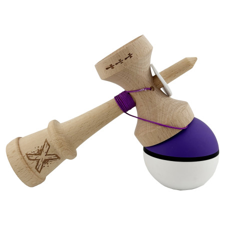 Kendama X Originala, Profesionala, Cyrax, Cupe Mari KING SIZE V3, Rubber Grip, Gaura in Baza, Rulment Metalic, din lemn 18 cm, Ata 62/65 cm, S Bicolor Violet/Alb